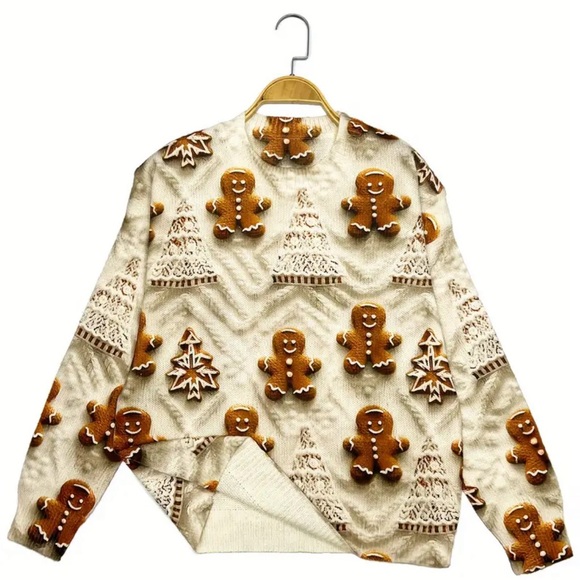 Pullover Top Soft Knit Long Sleeve with Adorable Gingerbread Man w/ Earrings - Picture 11 of 14